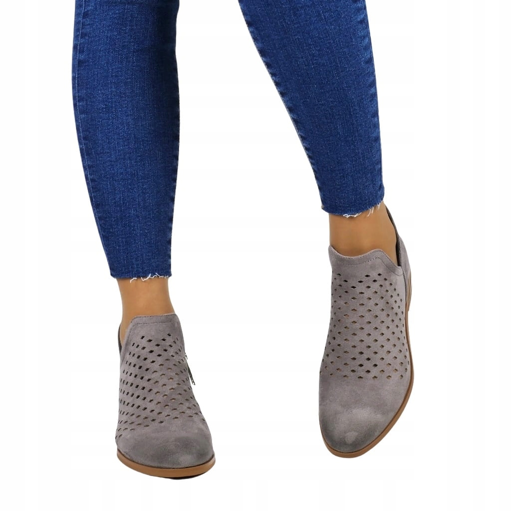 SZARE BUTY DAMSKIE BOTKI AŻUROWE WIOSENNE WYGODNE PRZED KOSTKĘ MODNE NOWE