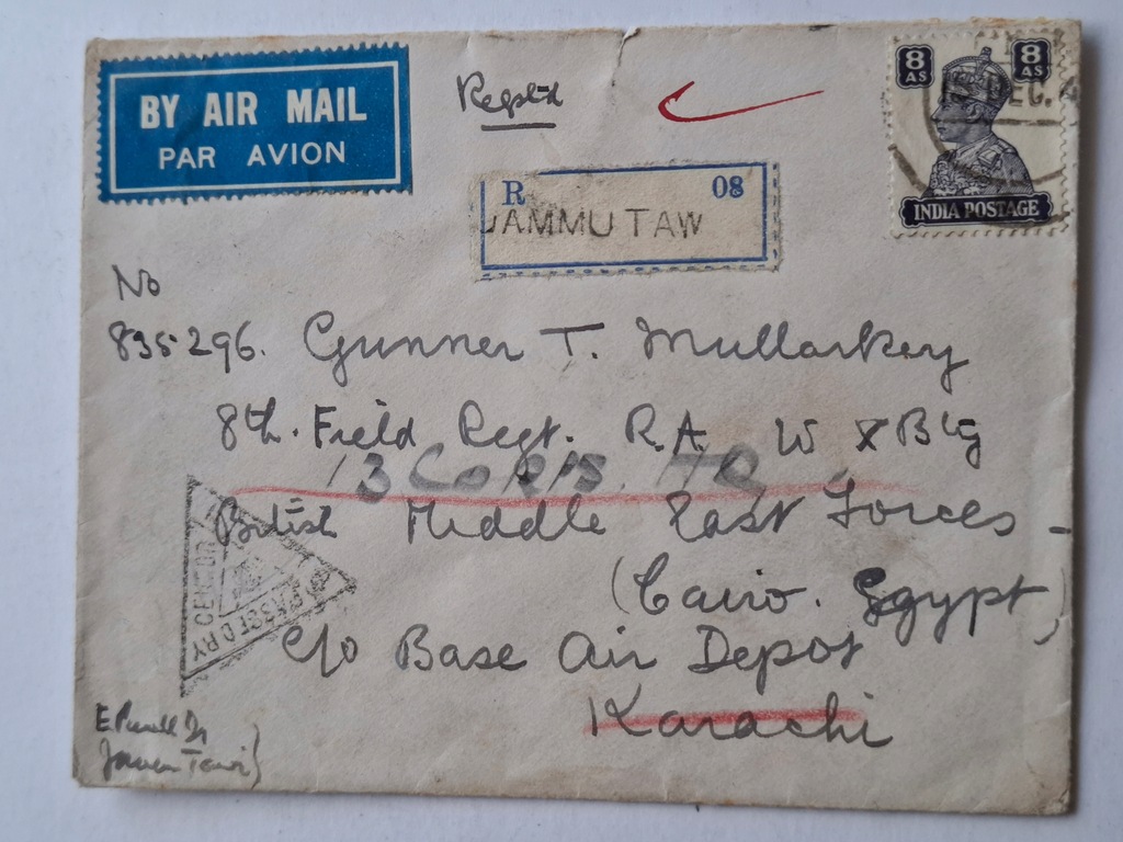 Całostka znaczki Anglia Indie 1941 kasowniki Egipt koperta