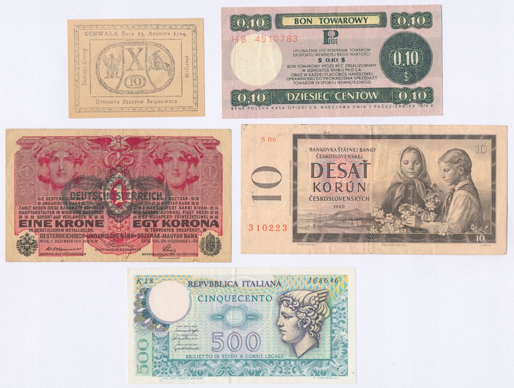 4274. Zestaw banknotów MIX w tym reprodukcja 10 gr 1794 (5szt) st.3-1