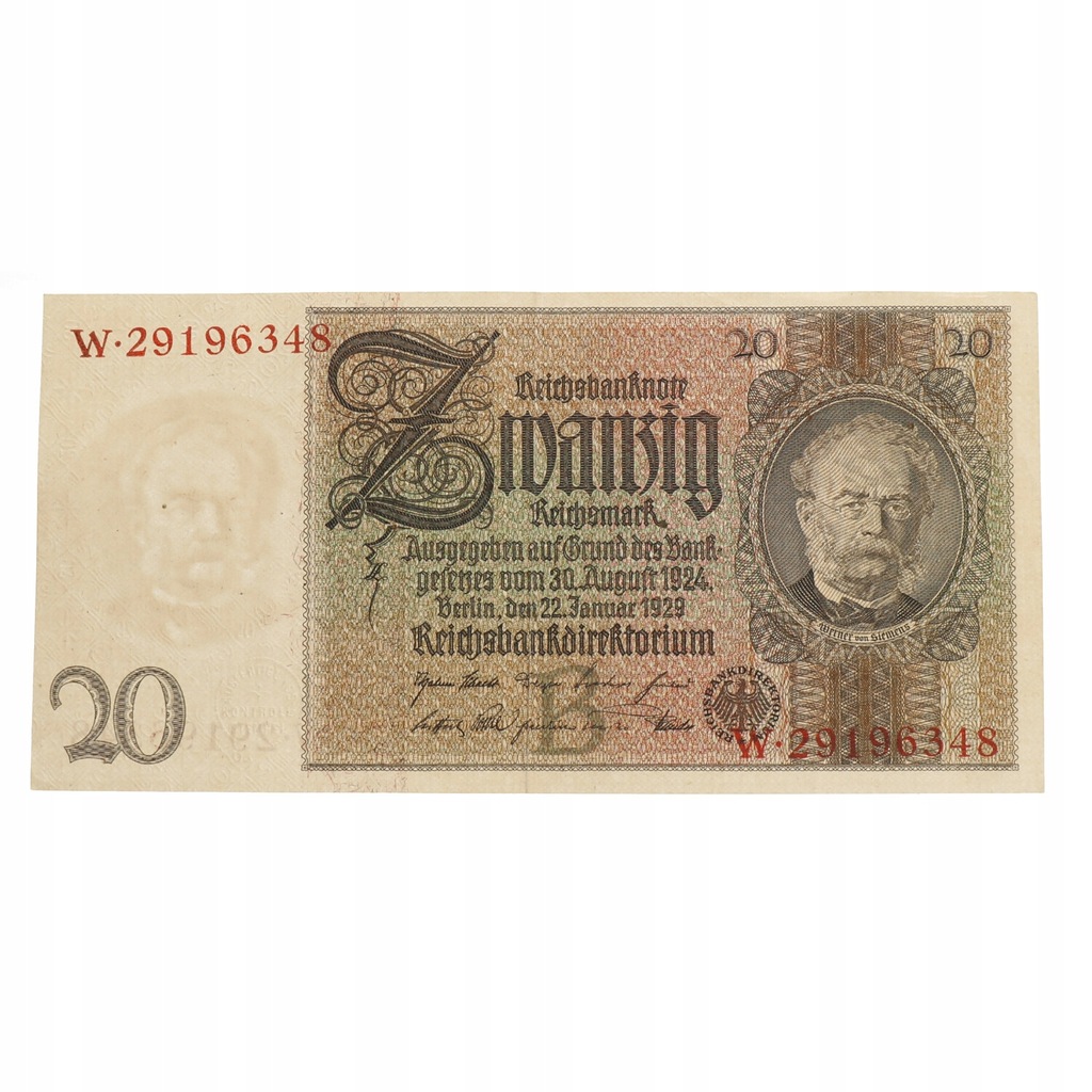 Niemcy - III Rzesza - 20 marek Reichsbanknote - 1929 r B/W