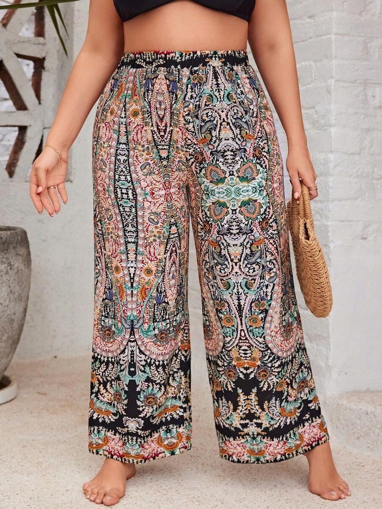 WIELOKOLOROWE WZORZYSTE PLAŻOWE SPODNIE DŁUGA SZEROKA NOGAWKA SHEIN 50