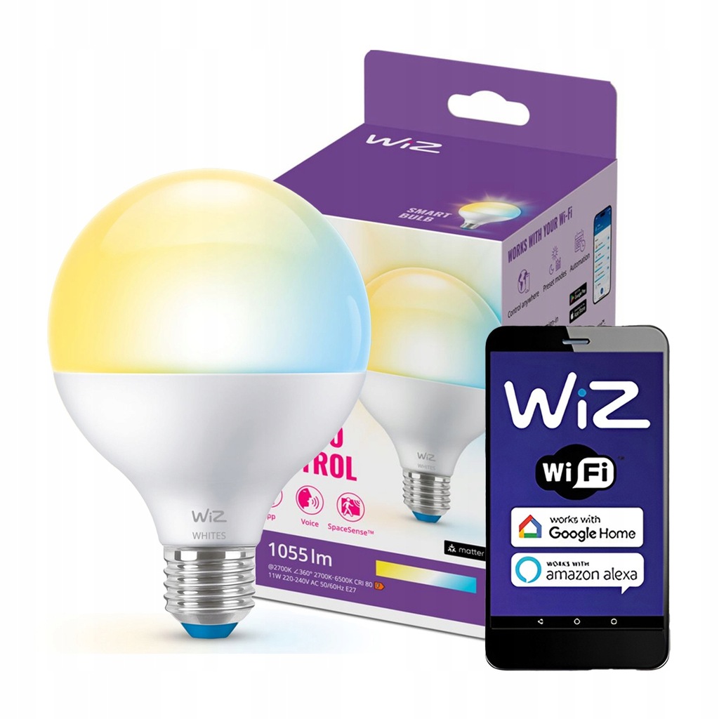 Żarówka LED E27 G95 11W = 75W 2700K-6500K SMART WiFi Aplikacja WiZ