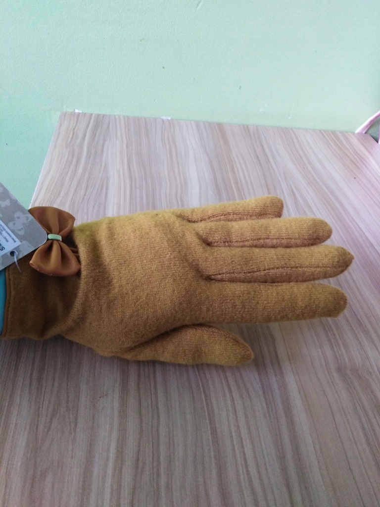 Wełniane, musztardowe rękawiczki r. S-M