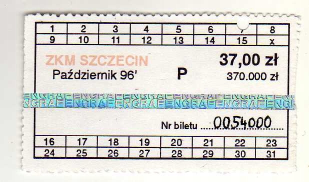SZCZECIN - Bilet okr. 37,00-370 000 zł - Październik 96