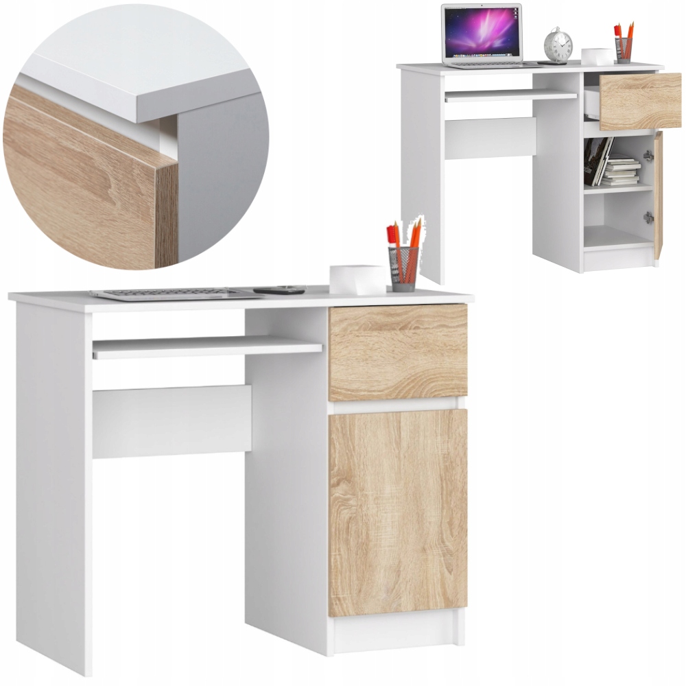 BIURKO KOMPUTEROWE BIUROWE BIAŁE DĄB SONOMA SZUFLADY NOWOCZESNE A6 PRAWE