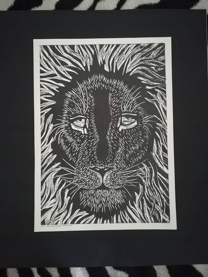Linoryt Lew Czarno-biały obraz grafika 50x60 cm