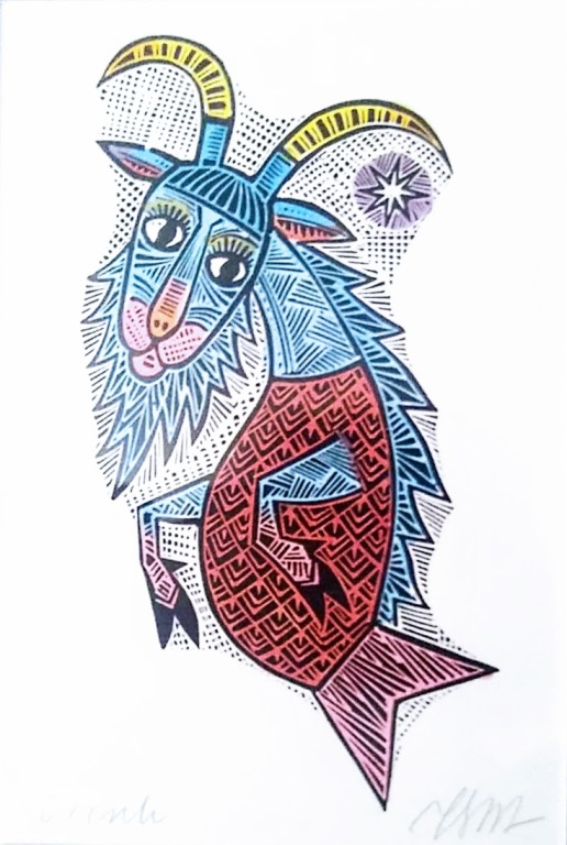 Kozioł ryba - mały linoryt , autor Juliusz Batura