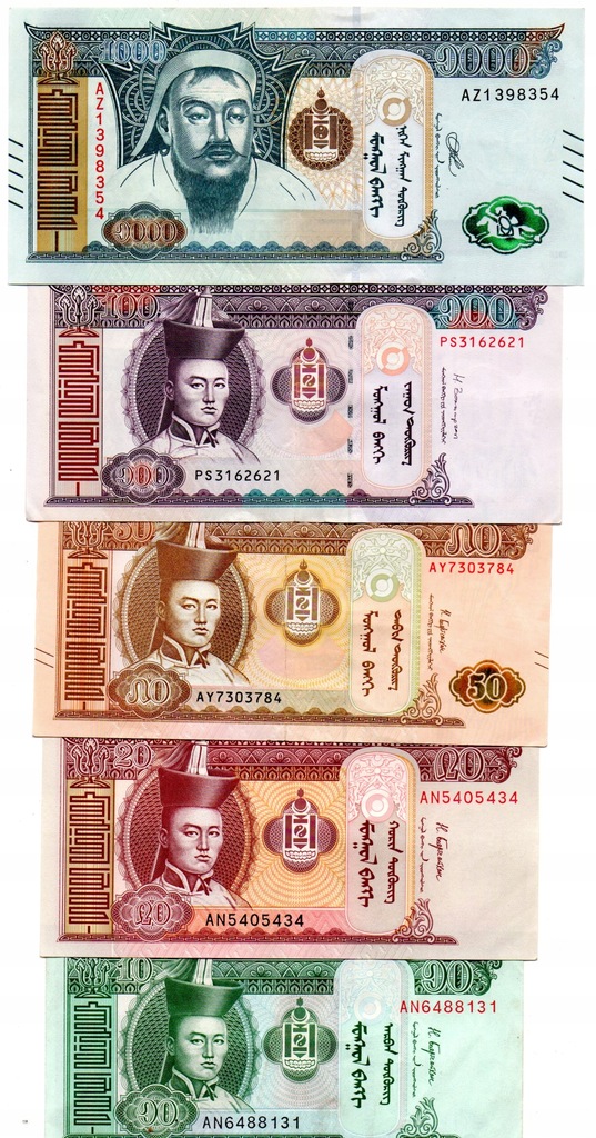 Mongolia 1000 , 100 , 50 , 20 , 10 Tugrik.