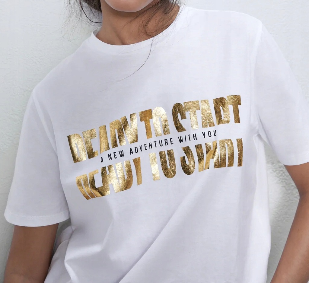 Zara nowy biały T-shirt ze złotym nadrukiem 40/L