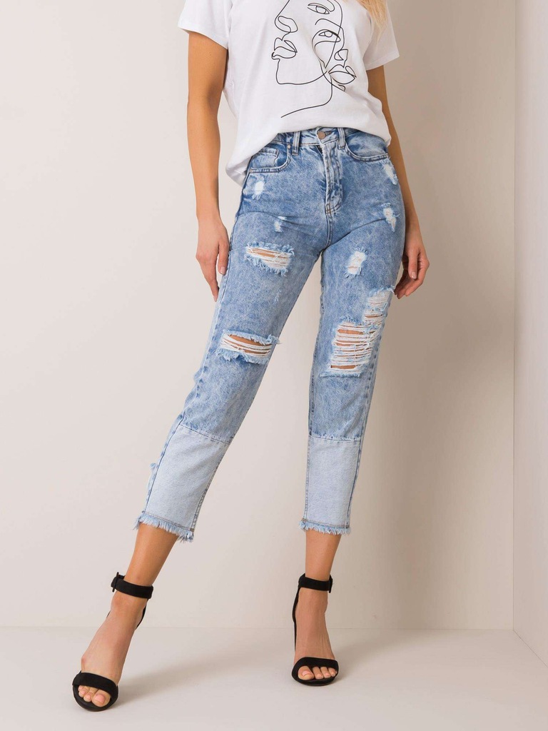 RUE PARIS Niebieskie jeansy mom fit z dziurami 28