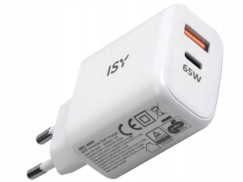 Ładowarka sieciowa ISY IWC-4065 65W GaN 1xUSB-A, 1xUSB-C