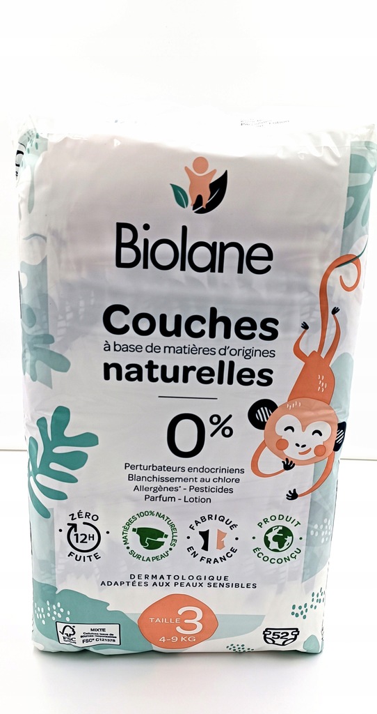 Pieluszki Biolane Couches Naturelles rozmiar 3 4-9 kg 52 szt.