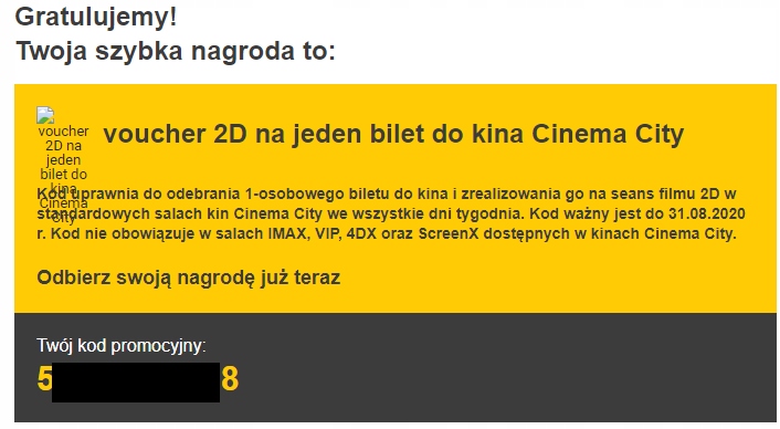 voucher 2D na jeden bilet do kina Cinema City