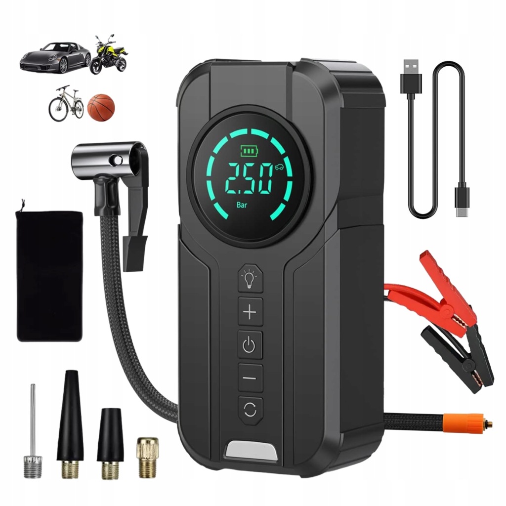 URZĄDZENIE ROZRUCHOWE DO SAMOCHODU ROZRUCH JUMP STARTER +SAMOCHODOWA POMPKA