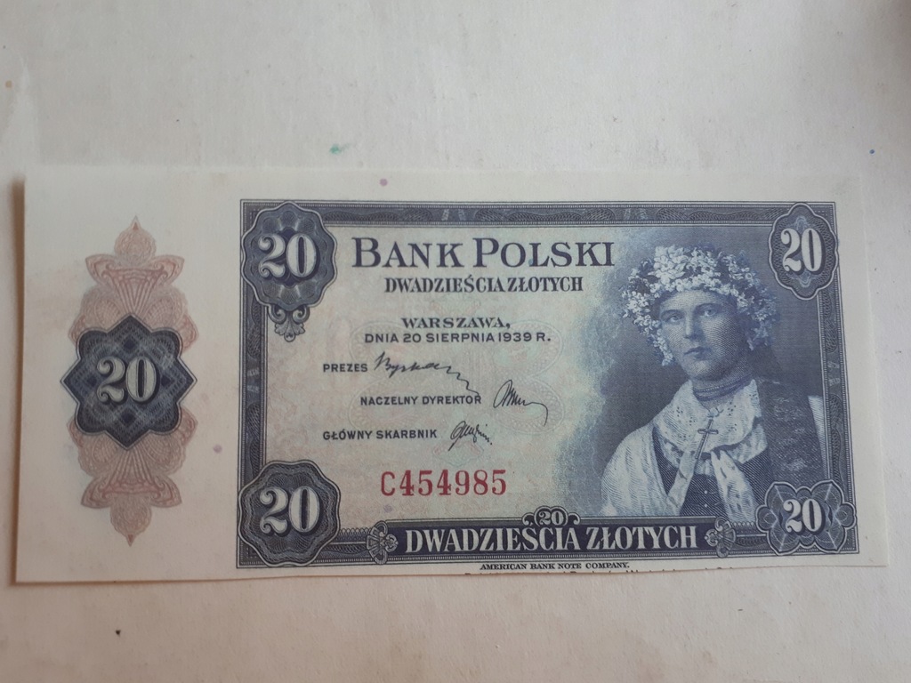 1939. BANK POLSKI 20 ZŁ. JEDNA MARKA POLSKA, ZŁOTY