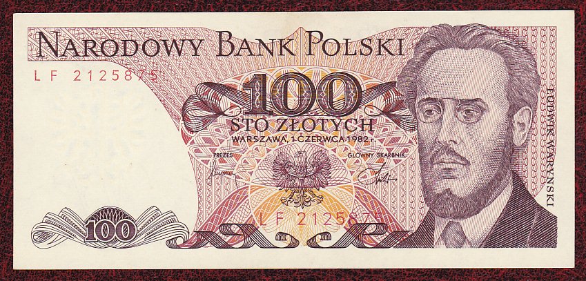 100 zł. 1982 r. UNC ser. LF rzadka seria -PIĘKNY!!