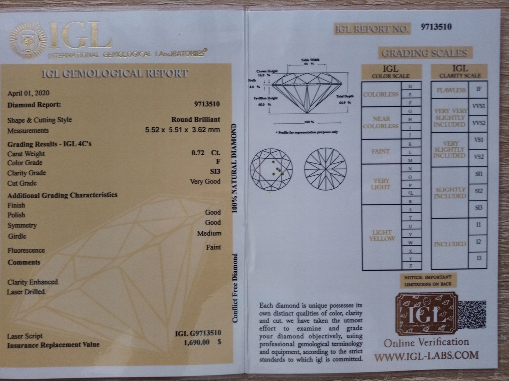 Купить Бриллиант натуральный бриллиант 0,72 карата F СЕРТИФИКАТ SI3: отзывы, фото, характеристики в интерне-магазине Aredi.ru