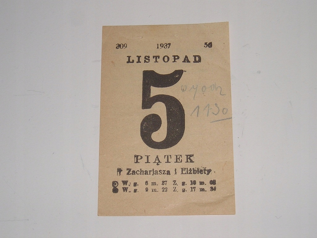 KARTKA Z KALENDARZA 5 LISTOPAD 1937