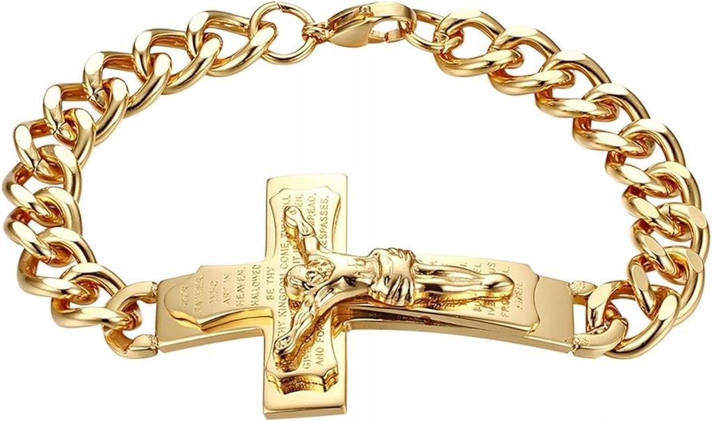 Bransoletka Męska Kolor Złoty ze Stali Nierdzewnej Krucyfiks Krzyż 21 cm