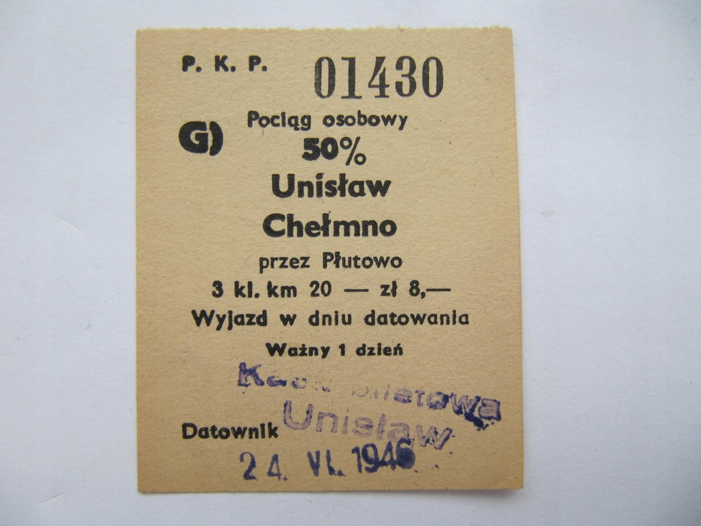 Chełmno. Unisław. Stary bilet PKP
