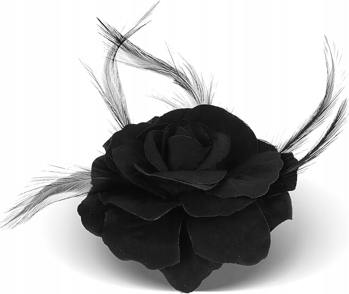 Kwiat róża piórka broszka/spinka czarna
