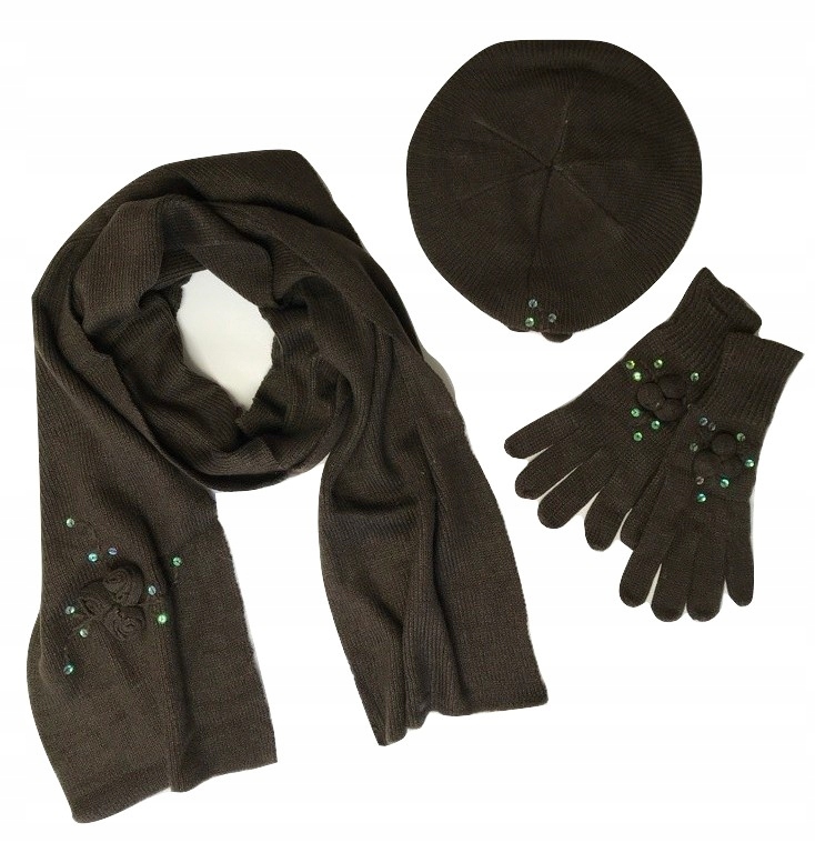 zestaw szal czapka rękawiczki jesień/zima brązowy
