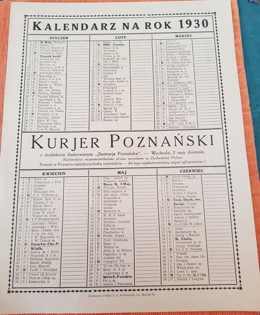 Kalendarz Kurier Poznański na rok 1930