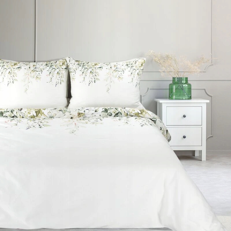 Pościel satynowa 220x200 Spring 23 biała zielona liście