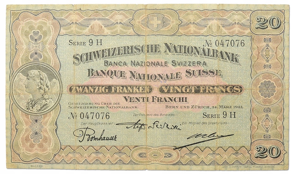 37.Szwajcaria, 20 Franków 1927 b.rzadki, St.3+