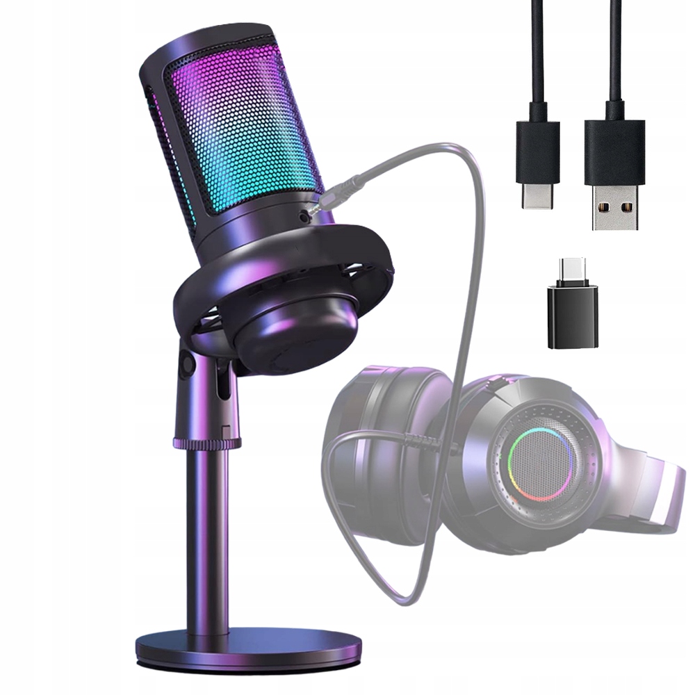 Mikrofon RGB Komputerowy Gamingowy Studyjny Streaming USB Typ C