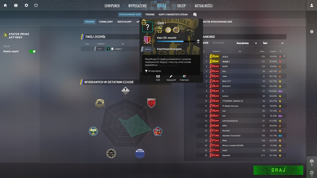 KONTO CS:GO CS2 COUNTER-STRIKE 2, 457H, PRIME, MEDALE, ŻETONY, ODZNAKI