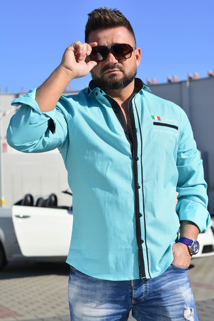 Koszula męska 3XL rozmiary włoska moda turkus