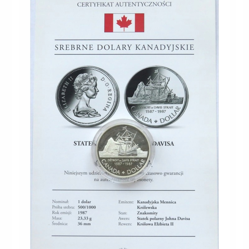 Kanada, 1 dolar 1987, Statek polarny Johna Davisa, srebro, certyfikat