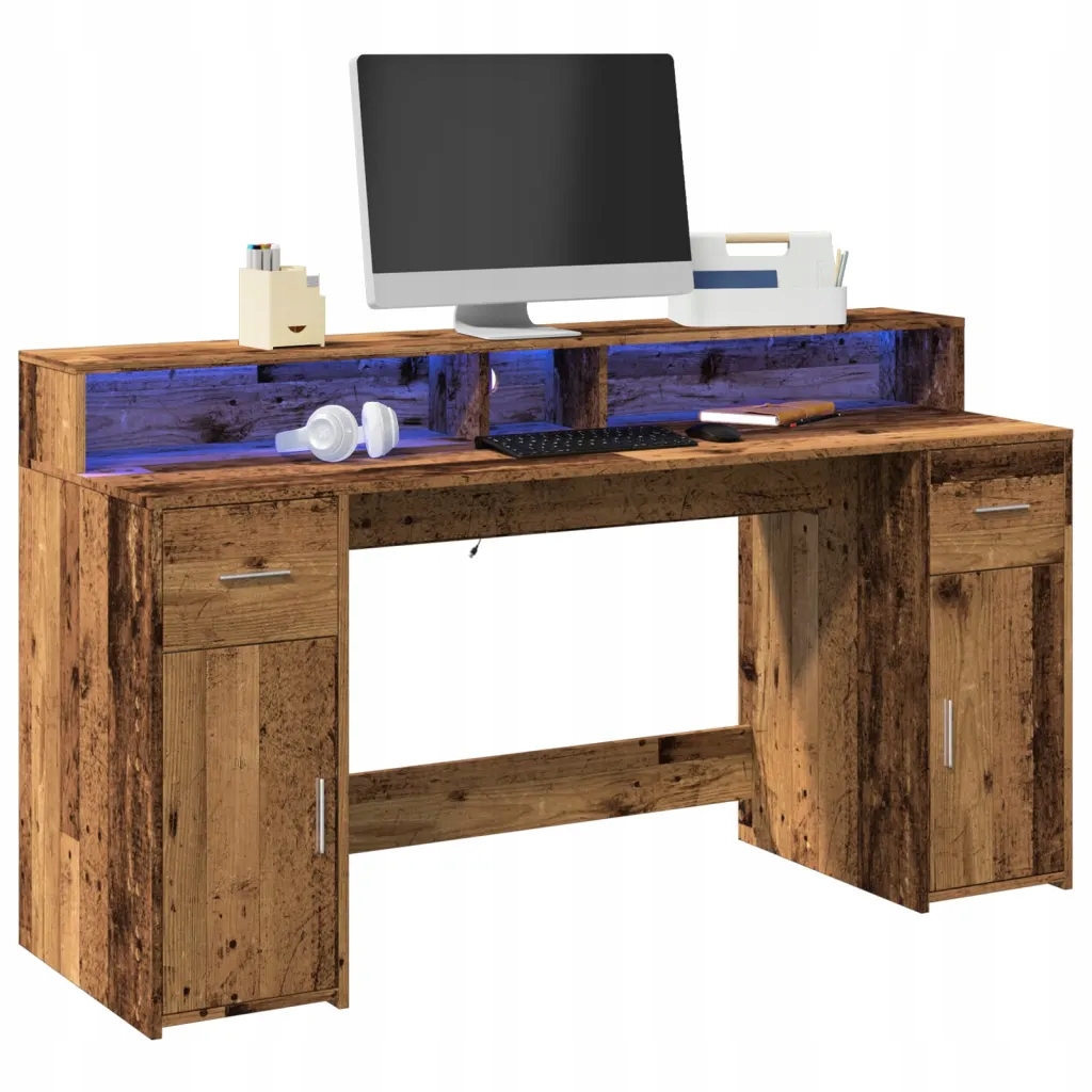 vidaXL Biurko z podświetleniem LED, stare drewno, 160x55x91 cm