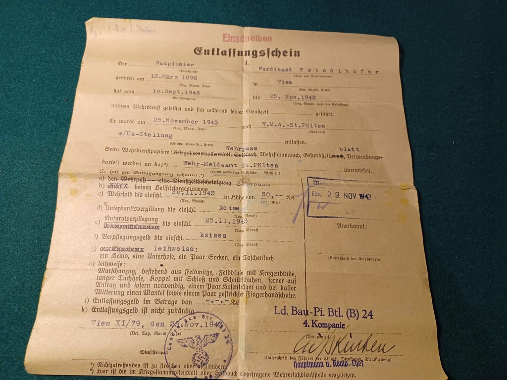 Entlassunschein einschrelben 25.11.1943 Baupionier Ld.Bau-Pi. Btl. (B)24