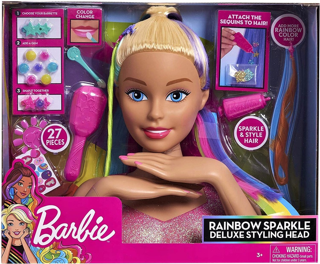 Barbie Deluxe głowa do stylizacji tęczowe włosy