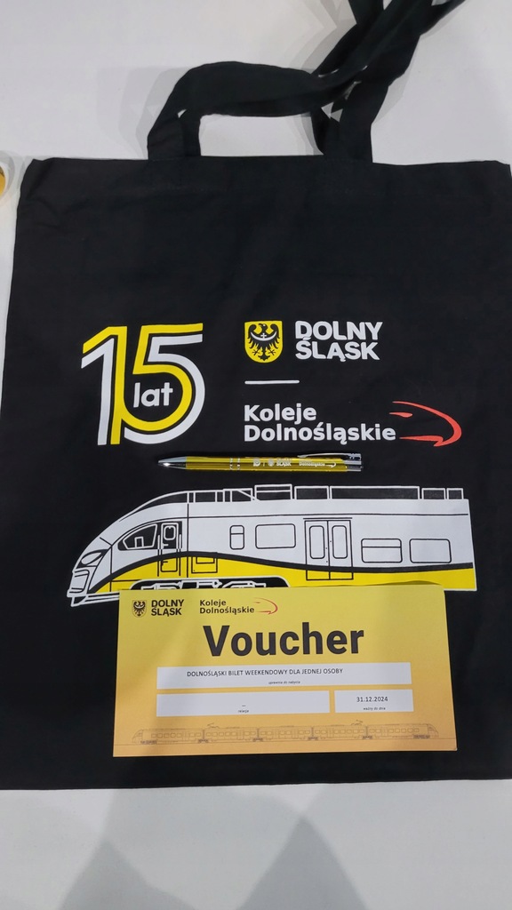 Voucher Koleje Dolnośląskie na bilet weekendowy plus torba i dlugopis