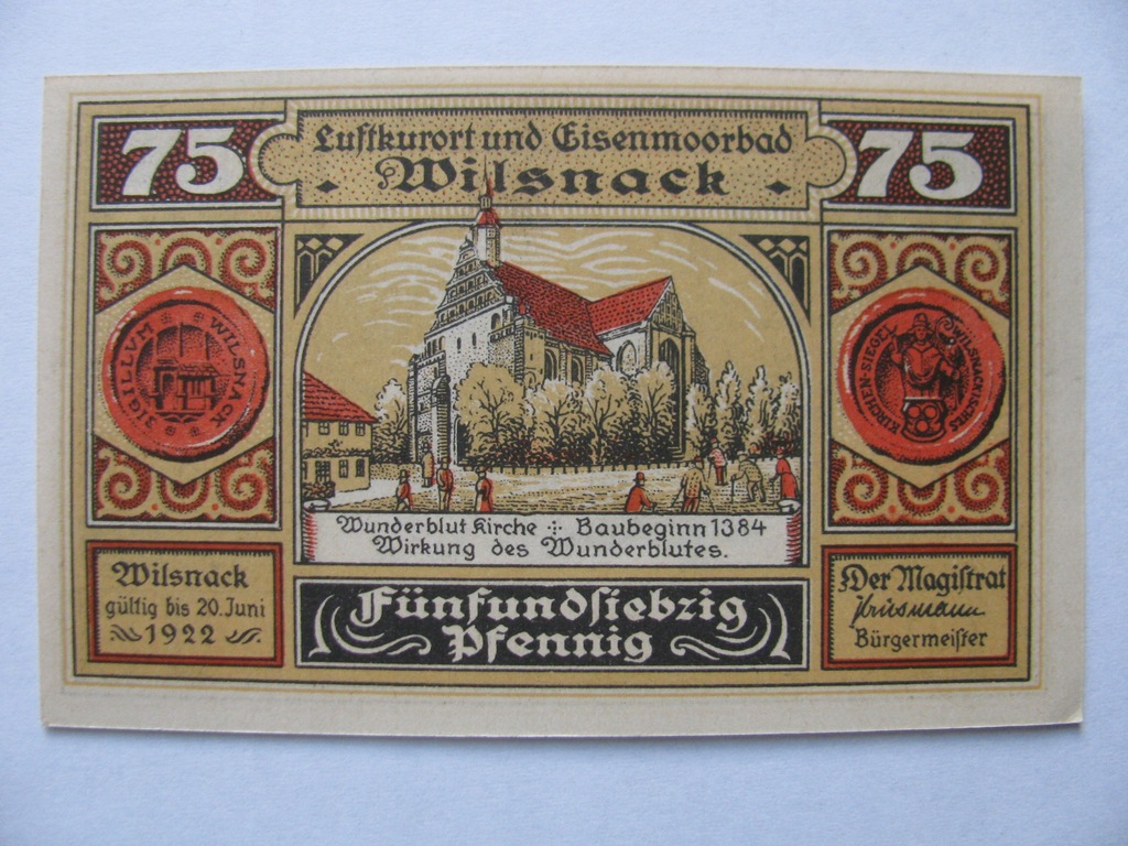 BANKNOT NOTGELD 75 PFENNIG 1922 WILSNACK -