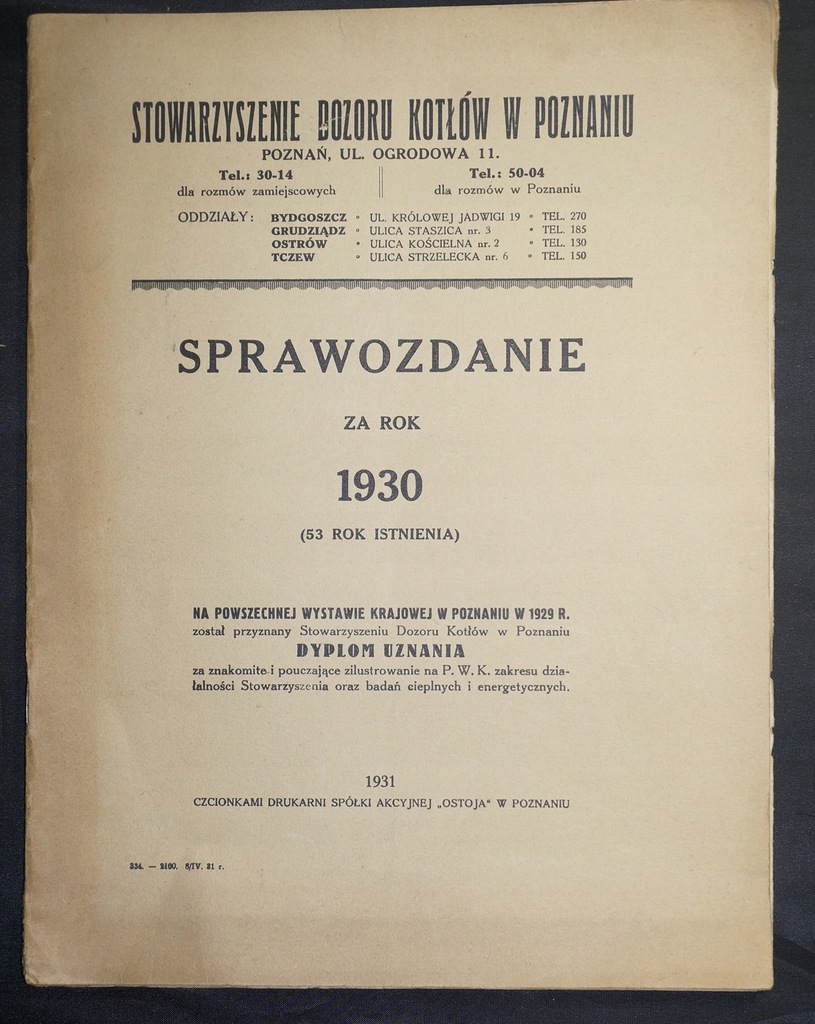 Sprawozdanie za rok 1930 Stowarzyszenie Kotłów