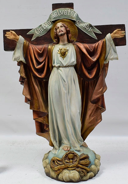 Ok1900 Stara stiukowa figurka Jezus Chrystus Zbawiciel wys.77cm
