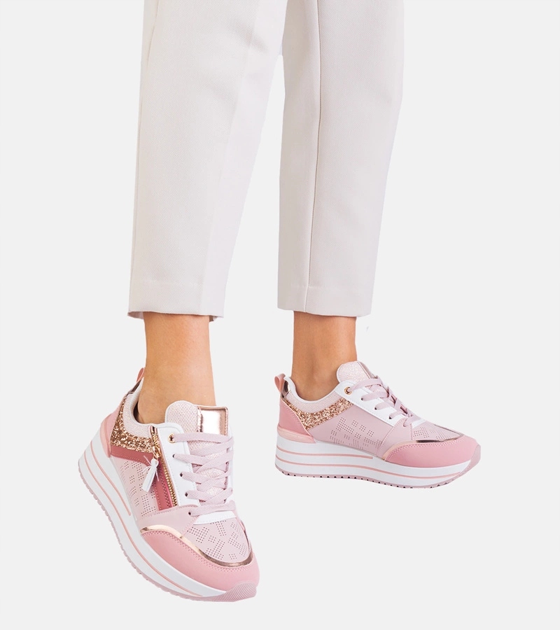 Różowe sneakersy sportowe na platformie zdobione brokatem 31245 rozmiar 37