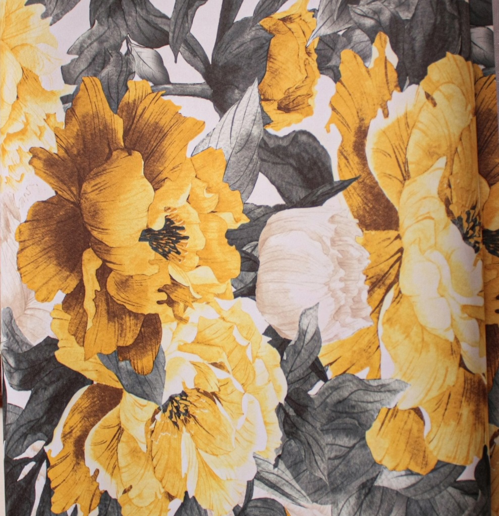 Materiał Na Zasłony Tkanina Żółte Szare Duże Kwiaty 280 cm