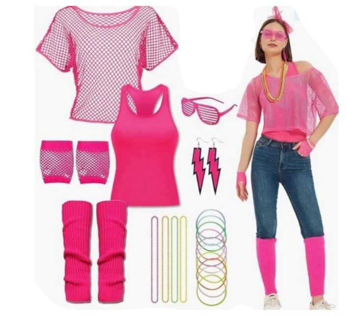 DUŻY ZESTAW STRÓJ NEON PRZEBRANIE IMPREZA LATA 80 AKCESORIA disco