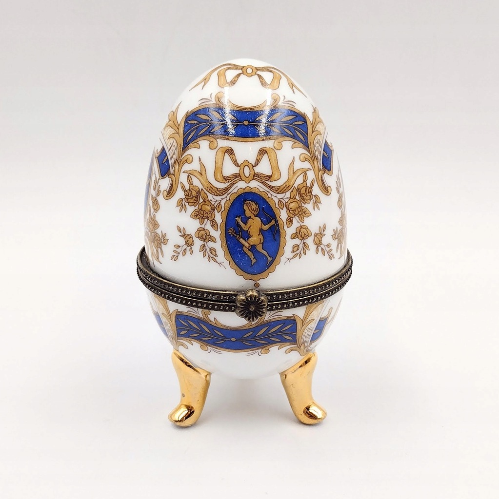 Porcelanowe puzdro jajko jajo styl Faberge amorki kobalt złocone retro