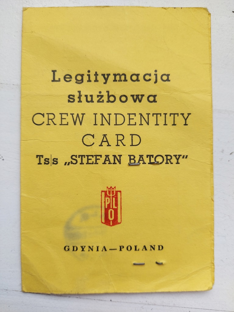 Legitymacja służbowa TSS Stefan Batory PLO Gdynia