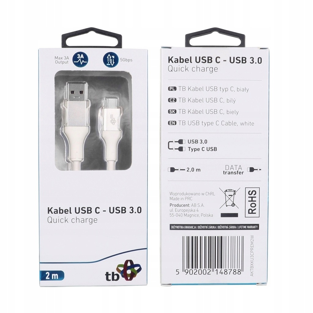 TB Kabel USB 3.0 - USB C 2m PREMIUM 3A biały TPE