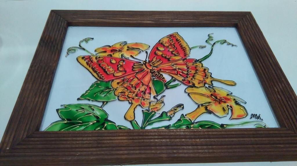 obraz szkło motyl nasturcja podpis sygnowany
