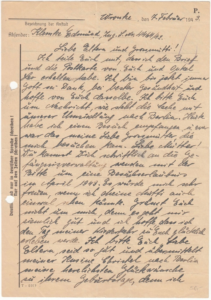 List z więzienia gestapo we Wronkach 1943 (20)