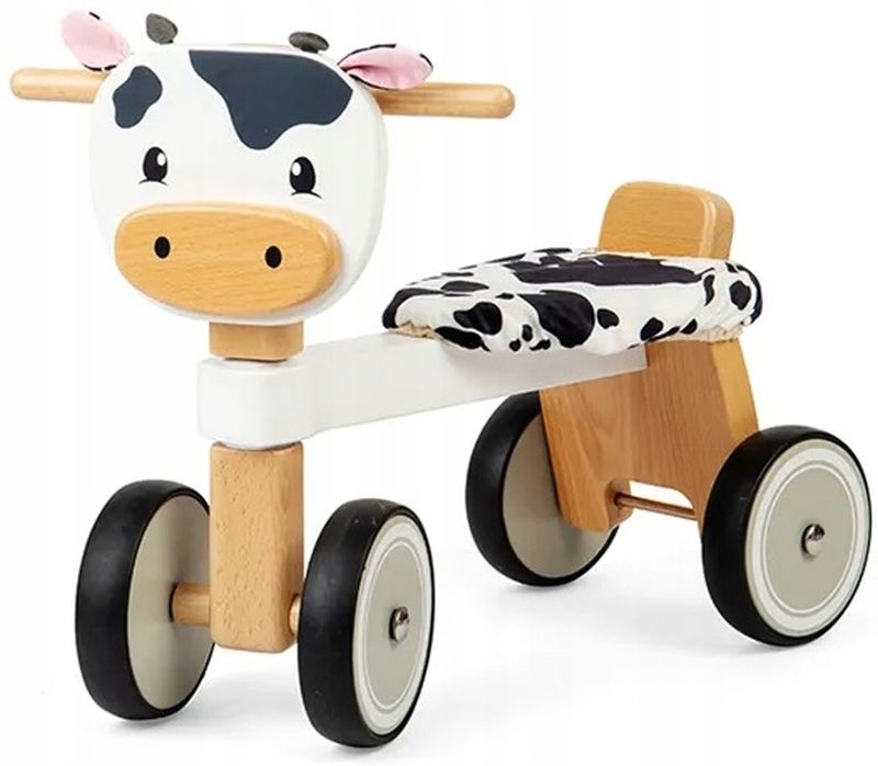 Drewniany rowerek biegowy 4-kołowy Krówka Bigjigs