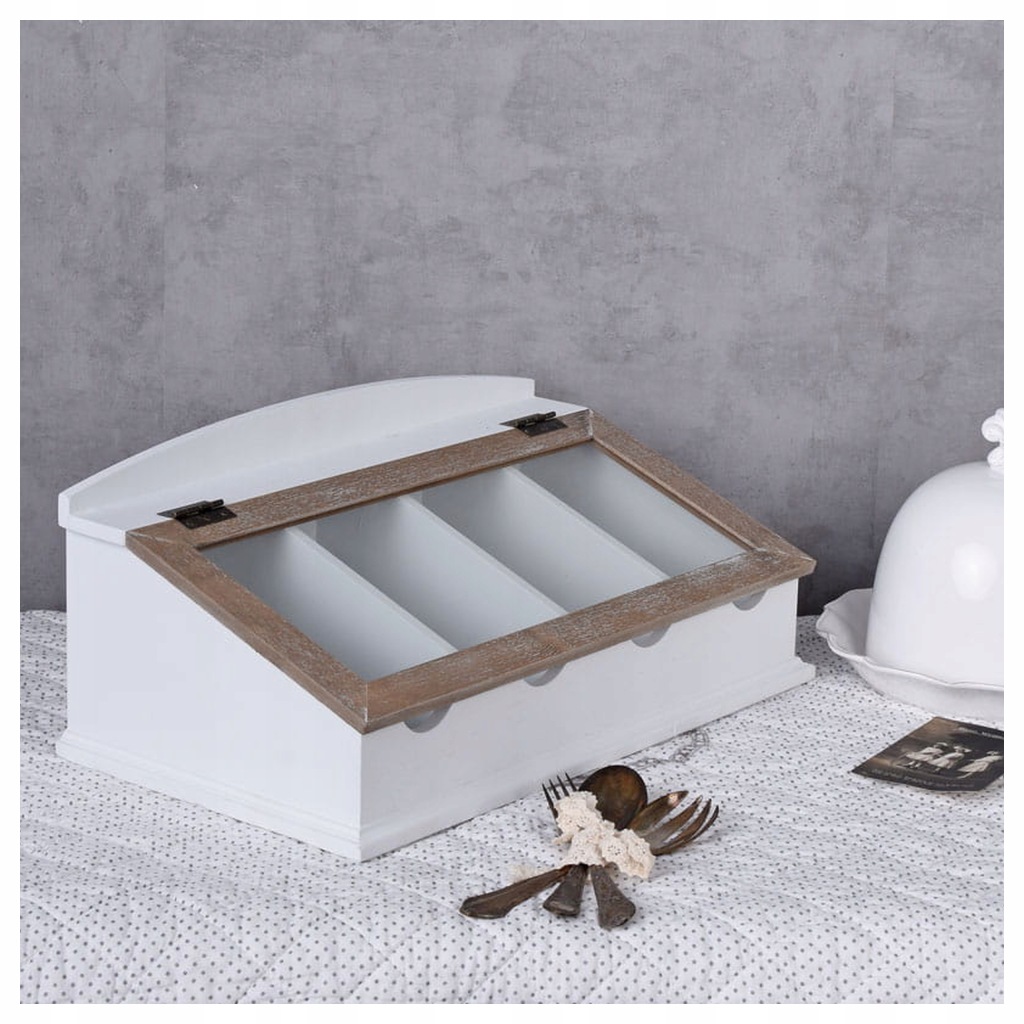 Pudełko na Sztućce Białe Drewniane Vintage